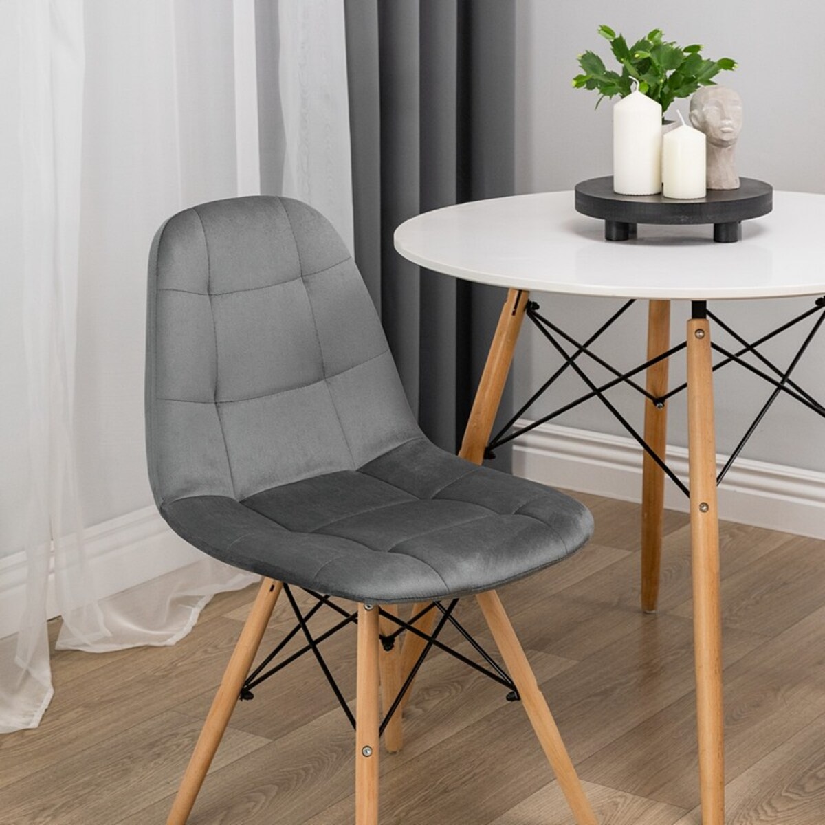 Krzesło tapicerowane do salonu welurowe skandynawskie szare