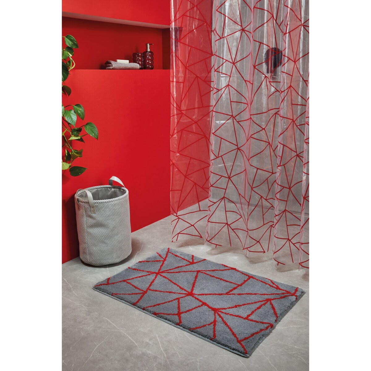 Kleine Wolke Bondi Dywanik łazienkowy szary czerwony antypoślizgowy grube runo 60x90 cm