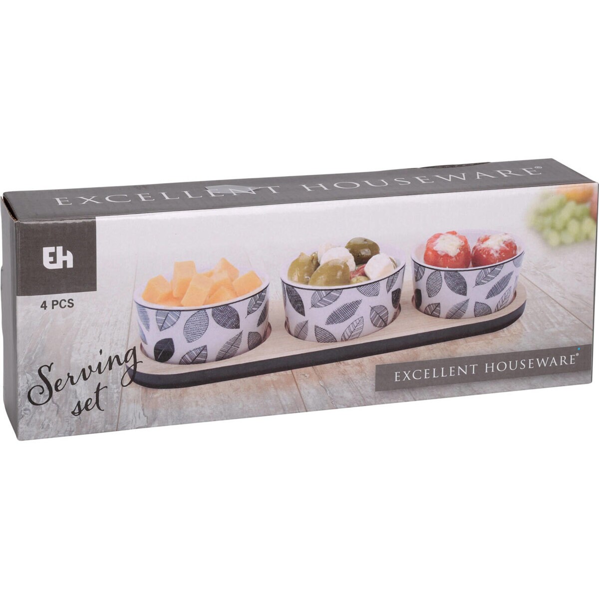 Zestaw do serwowania przekąsek: taca i 3 porcelanowe naczynia, Ø 10 cm