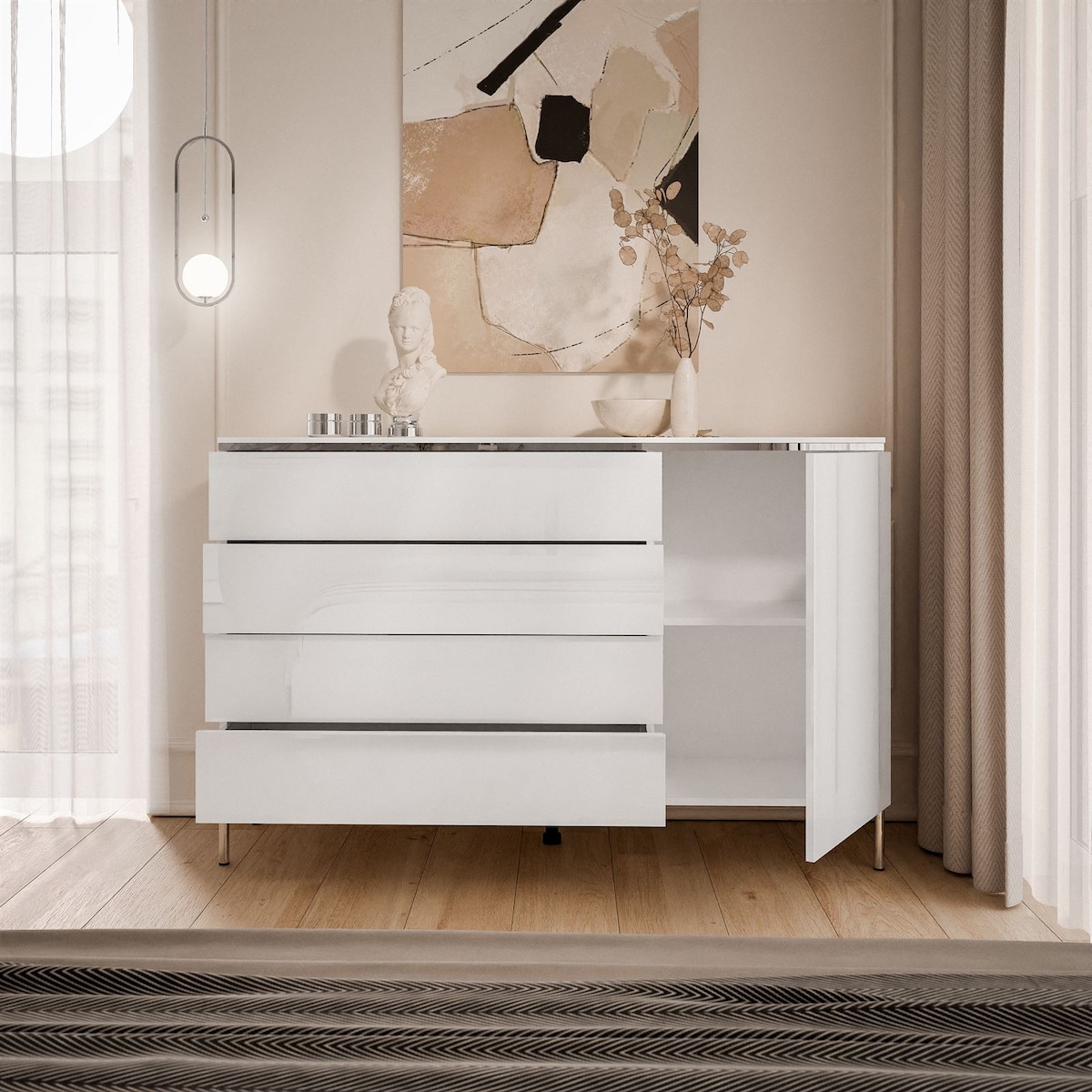 Komoda AURORA SILVER 4S1D biały połysk nogi proste