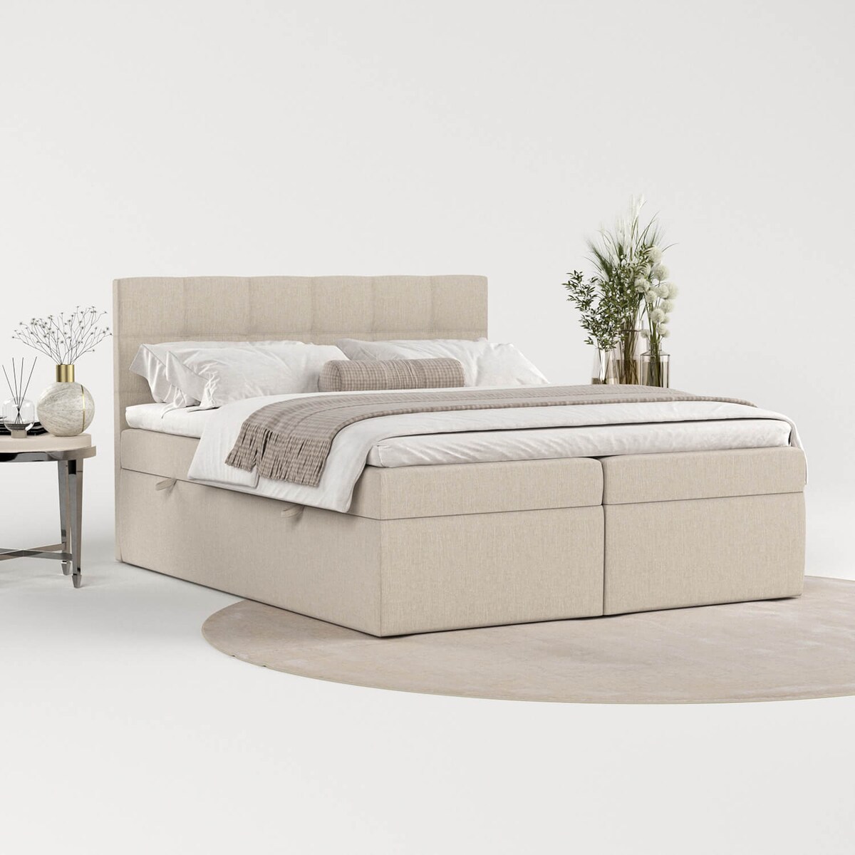 Łóżko tapicerowane LEAN 160x200 z pojemnikiem, Jasny Beż, tkanina Inari 22