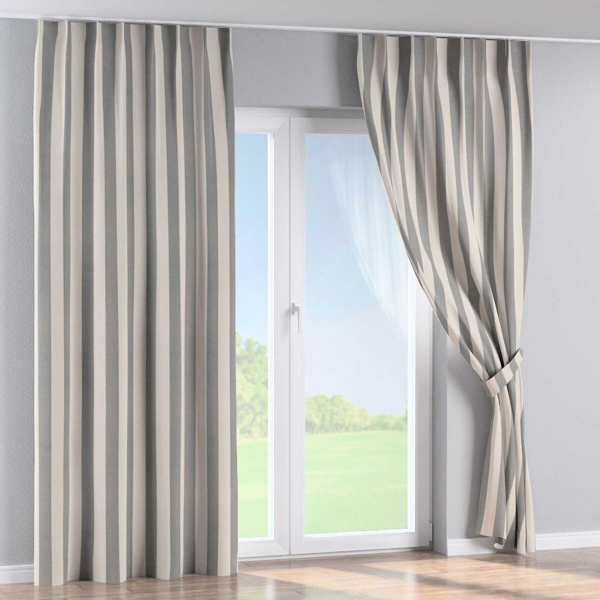 Zasłona na haczykach flex pojedynczych 130x245 biało-szare pionowe pasy (5,5cm)