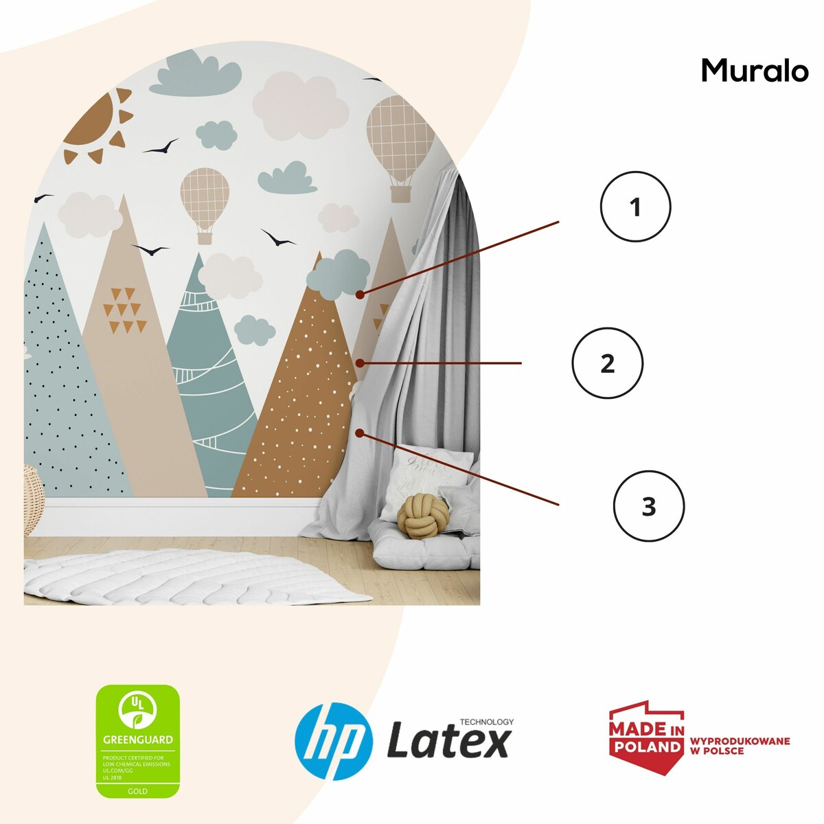 ZESTAW NAKLEJEK NA ŚCIANĘ DLA DZIECI KOLOROWE GÓRY CHMURY PTAKI STYL BOHO