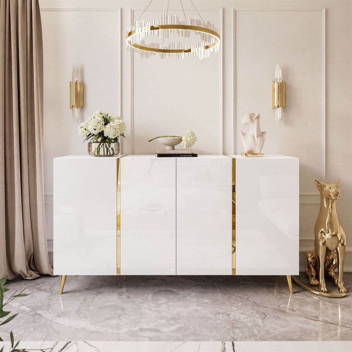 Komoda ONYX 4D 158 cm na złotych nóżkach, biała, push-to-open