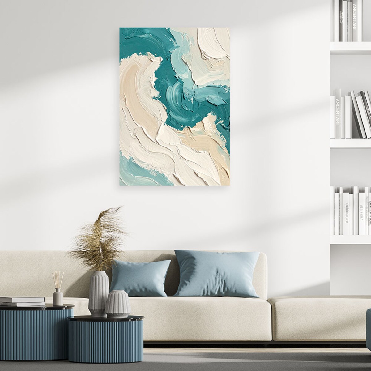 Obraz do salonu sypialni biura loftu, Abstrakcja imitacja farby w beżowo turkusowych kolorach 40x60 cm