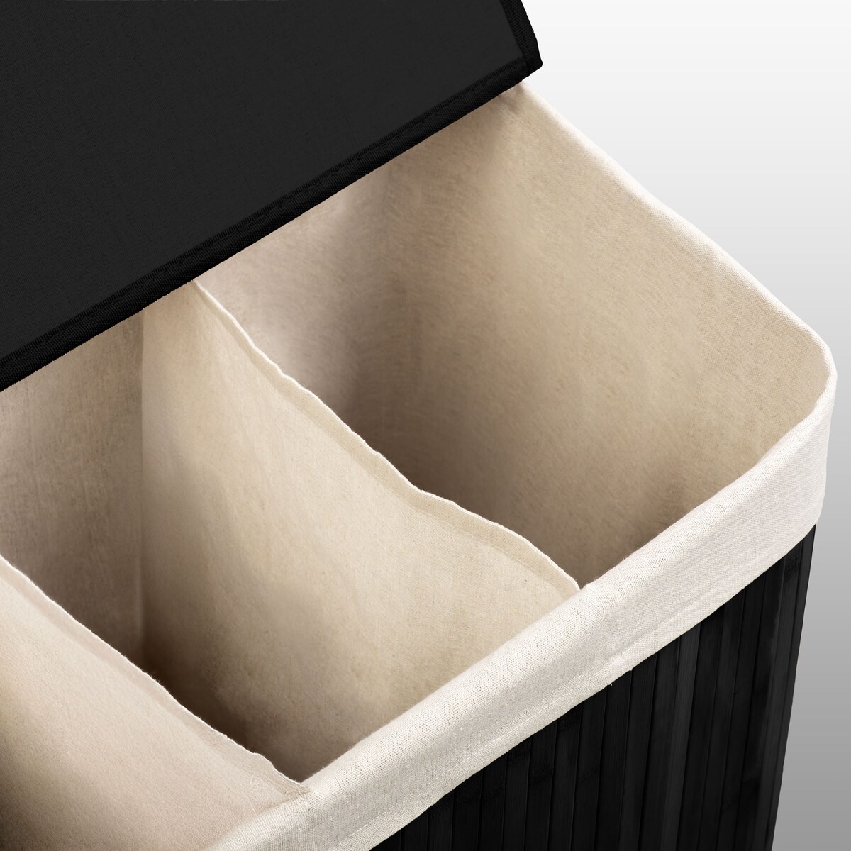 Massido, bambusowy kosz na pranie z pokrywą 150l, czarny trzykomorowy 61x62x42 cm