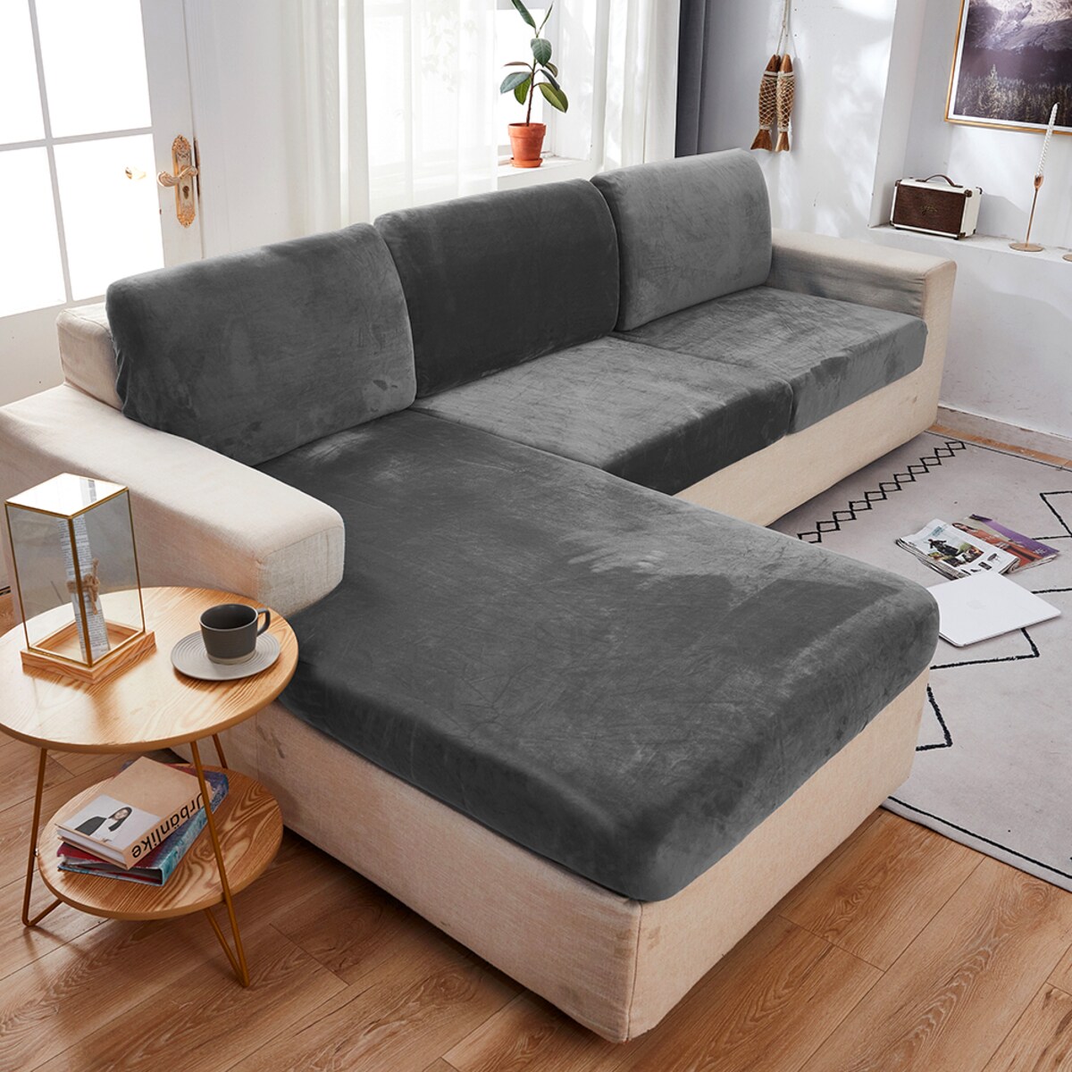 POKROWIEC NA KANAPĘ SIEDZISKO SZARY WELUR 135-165 [22SB3]