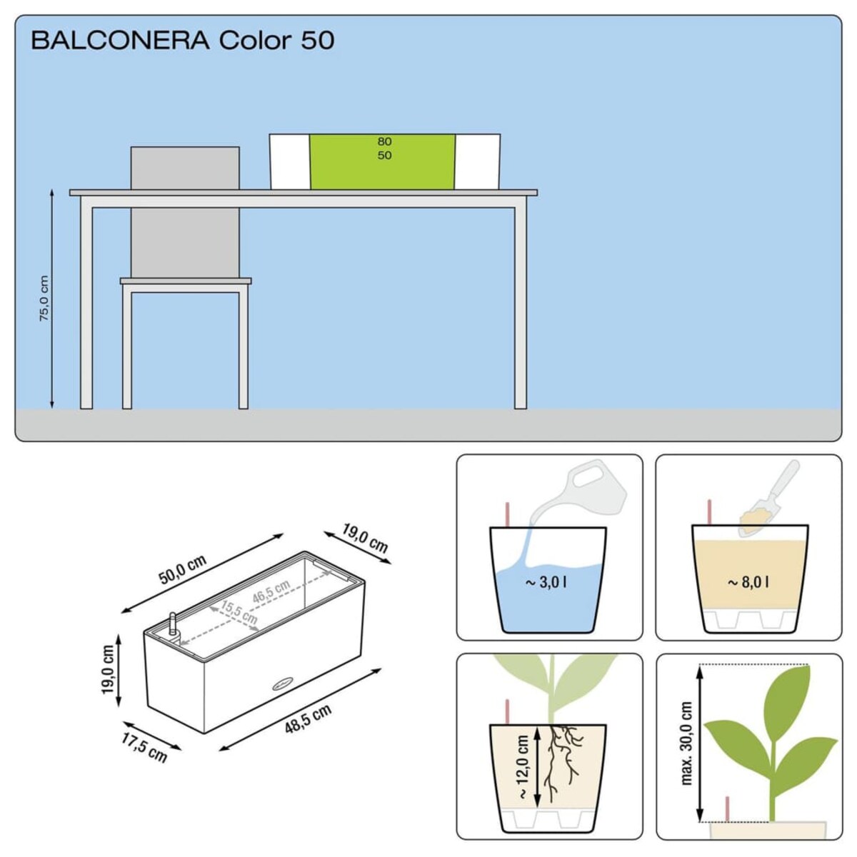LECHUZA Donica Balconera Color 50 ALL-IN-ONE, szara, 15673