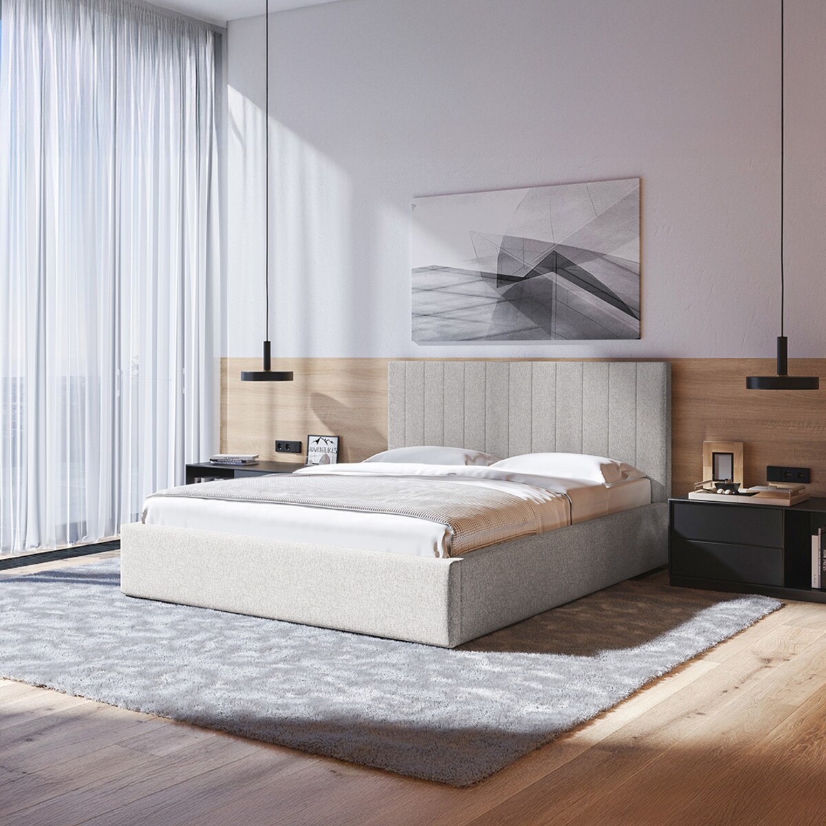 Mesonica Łóżko Bufo, pasy jasny beż 140x200