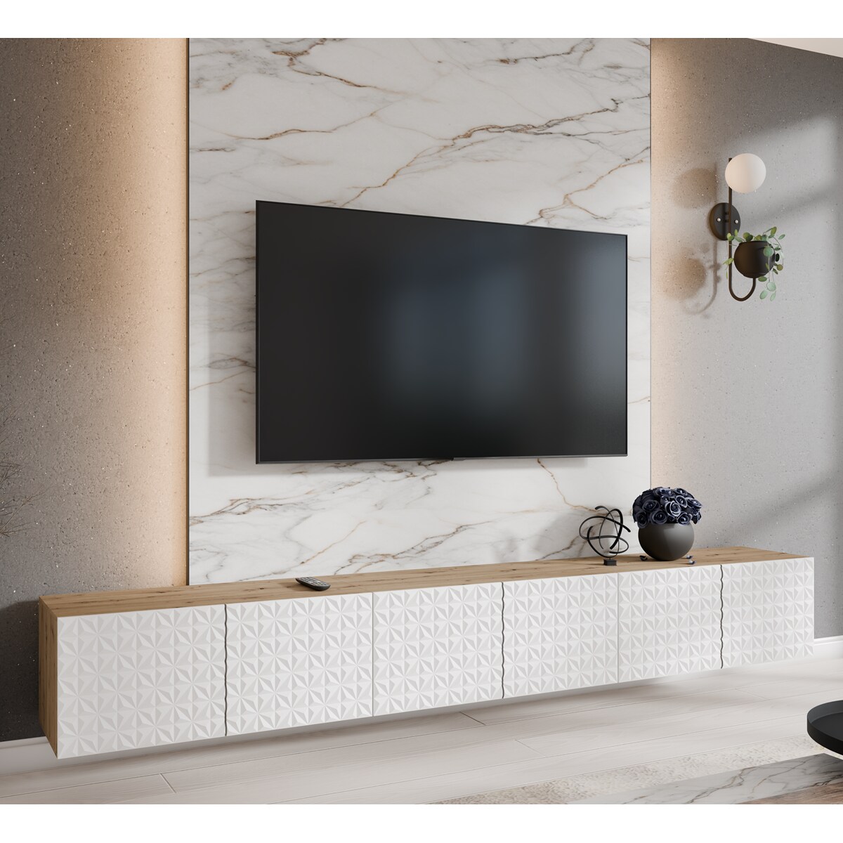 Szafka RTV ALI 300 cm zamknięta z ozdobnymi frontami - artisan+biały