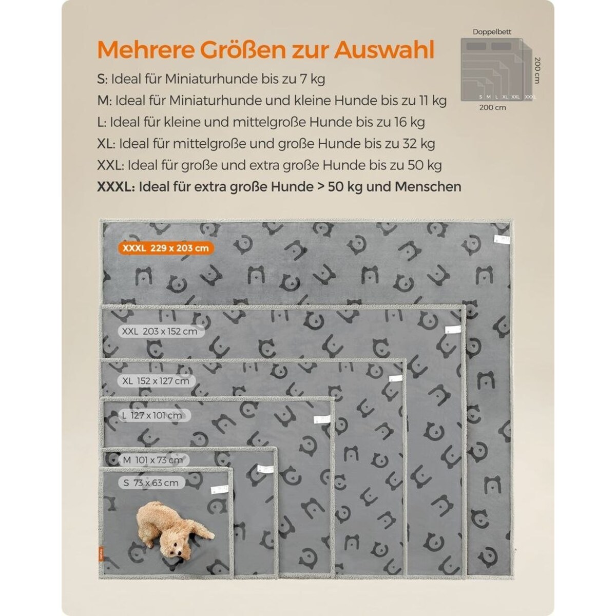 Wodoodporny kocyk dla psa polarowy, dwustronny, do prania, Szary, XXXL (229 x 203 cm)