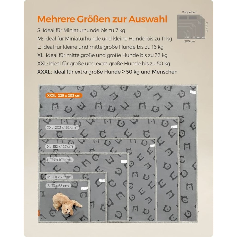 Wodoodporny kocyk dla psa polarowy, dwustronny, do prania, Szary, XXXL (229 x 203 cm)