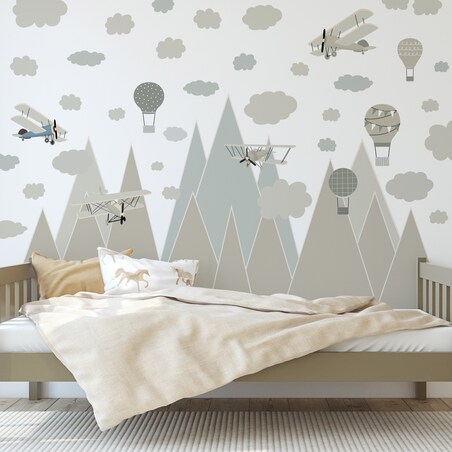 NAKLEJKI ŚCIENNE DLA DZIECI BEŻOWE GÓRY SAMOLOTY BALONY RETRO ZESTAW