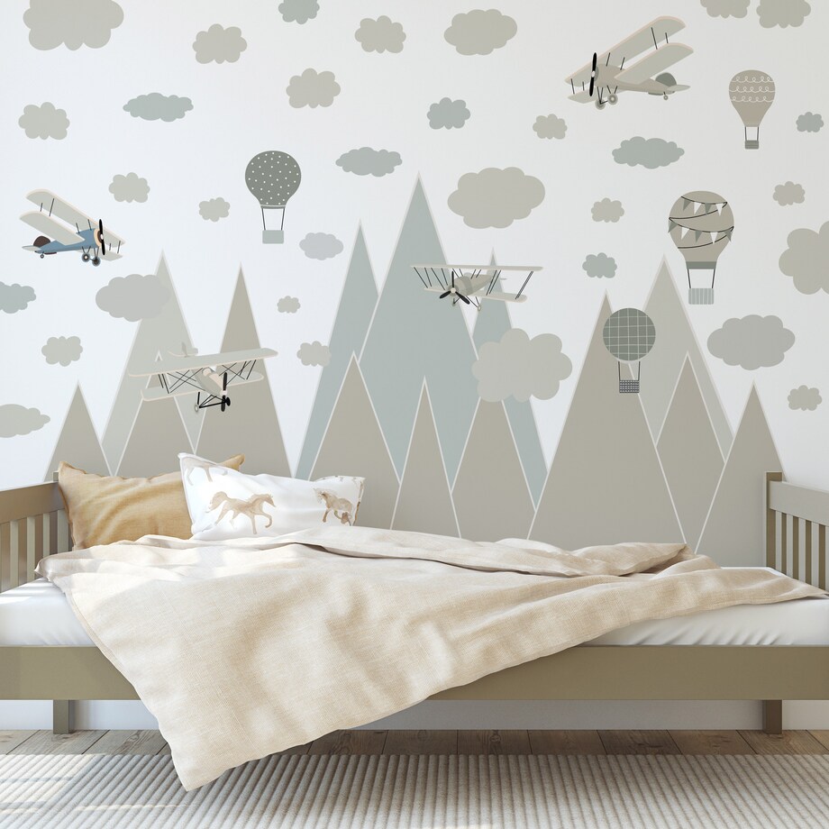 NAKLEJKI ŚCIENNE DLA DZIECI BEŻOWE GÓRY SAMOLOTY BALONY RETRO ZESTAW