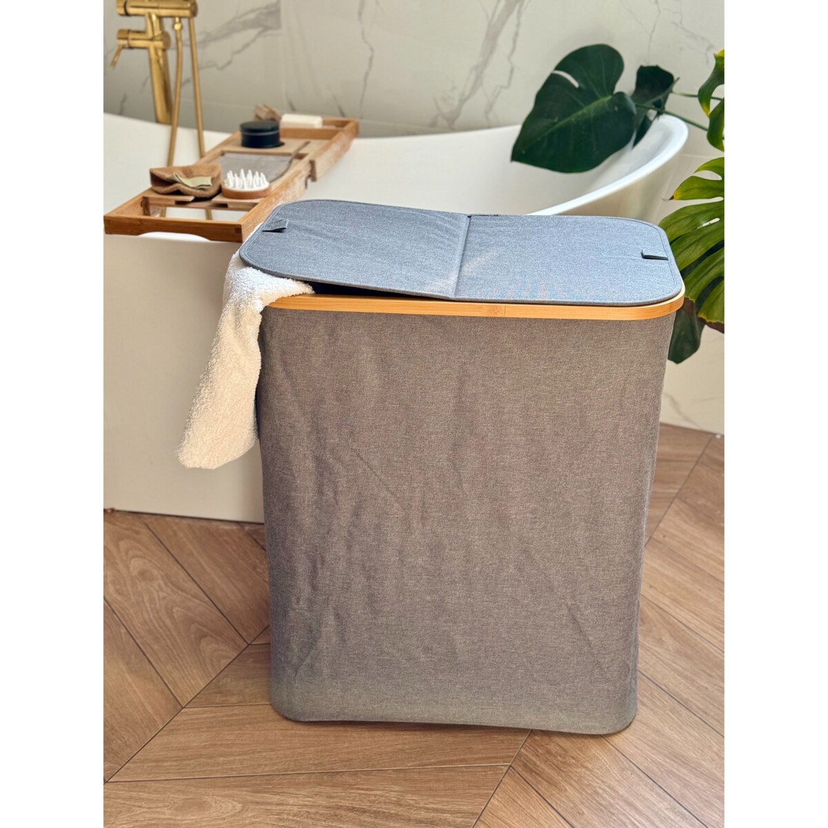 Kosz na pranie 145 L BAMBUSOWY składany szary