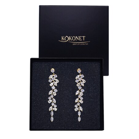 KOLCZYKI długie ślubne WISZĄCE gold listki FLORAL