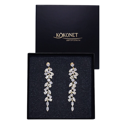 KOLCZYKI długie ślubne WISZĄCE gold listki FLORAL