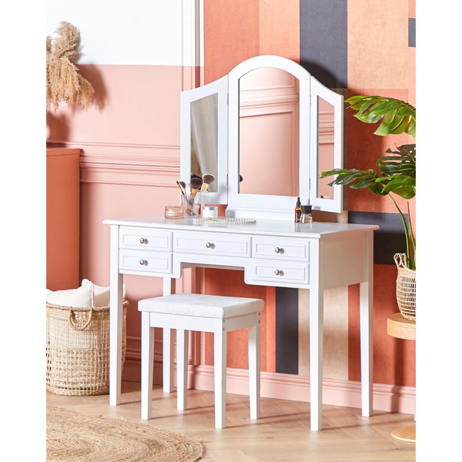 Toaletka 5 szuflad lustro i stołek biała LUMIERE