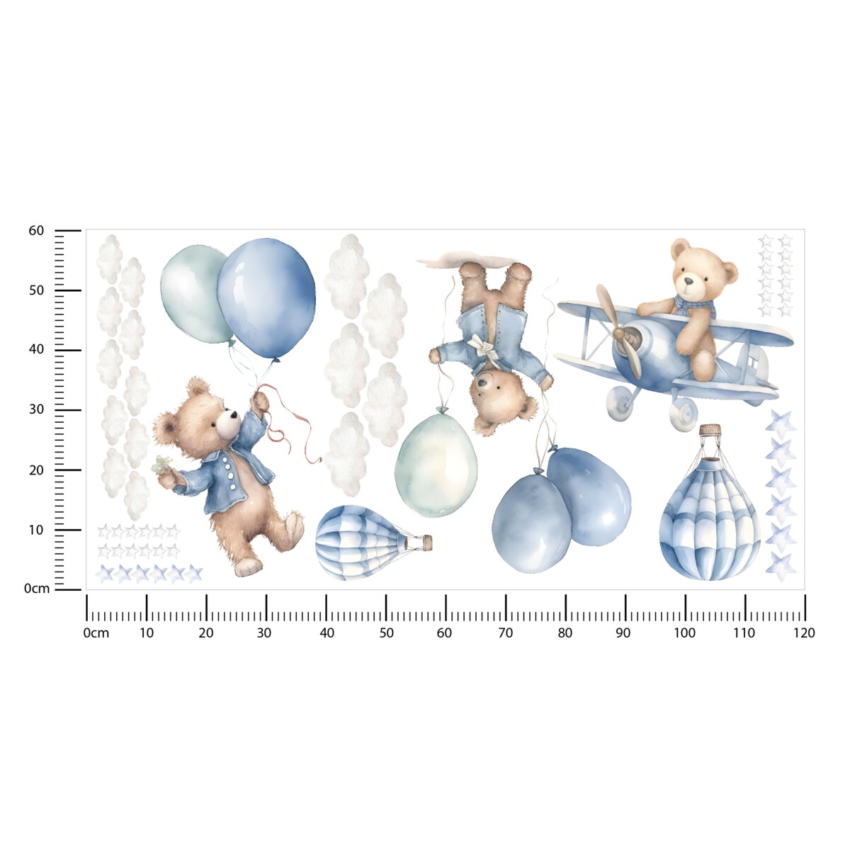 Naklejki Na Ścianę Dla Dzieci MISIE Balony Samoloty Chmurki Gwiazdki ZESTAW 120x60cm