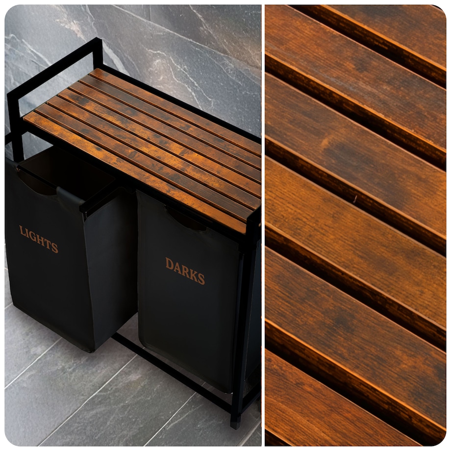 Massido, kosz na pranie 80l z półką dwukomorowy czarny 74x72x33 cm