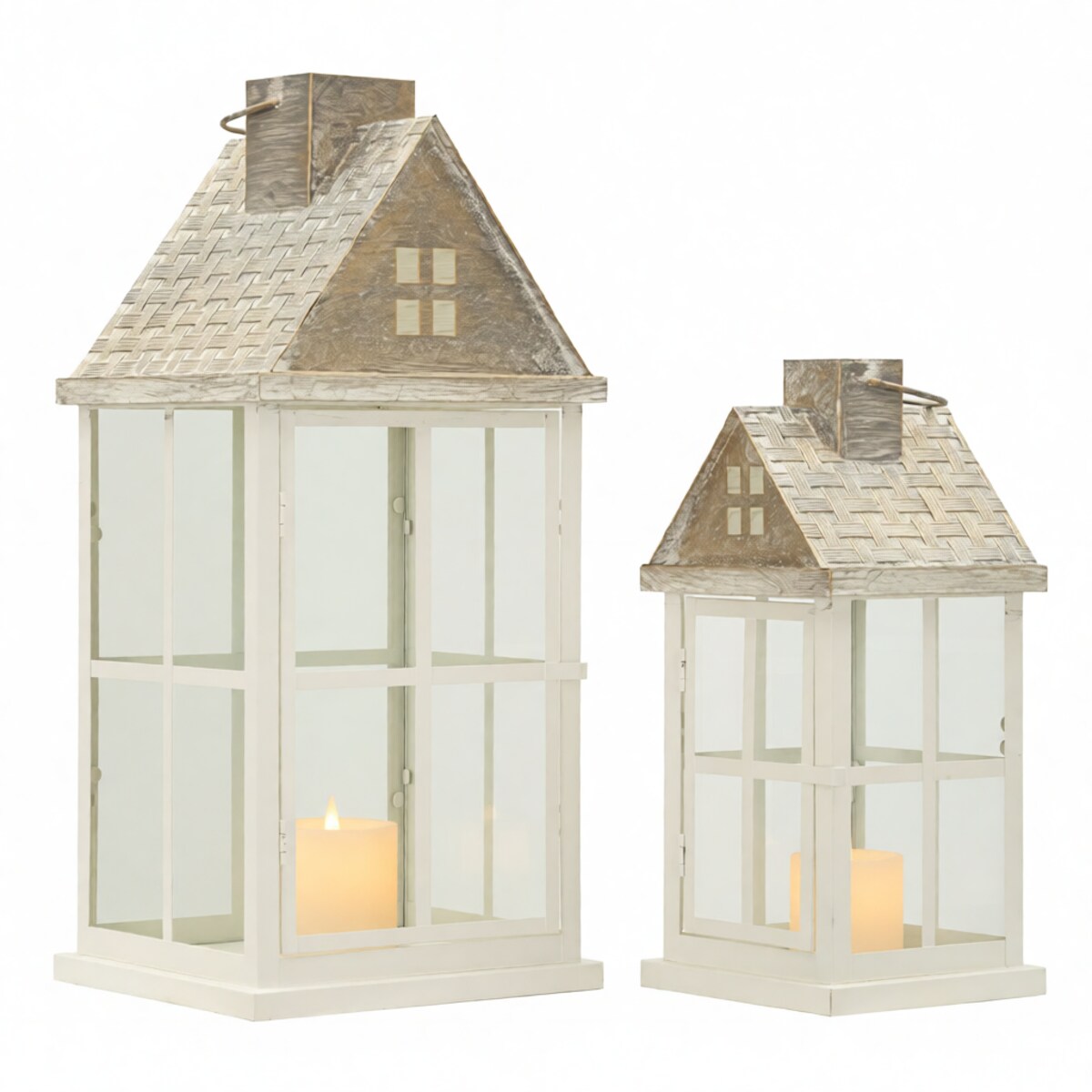 Zestaw 2 lampionów dekoracyjnych Home, kolor biały i szary, drewno i szkło, wysokości 55 i 37,5 cm, dekoracja do salonu, Mauro Ferretti