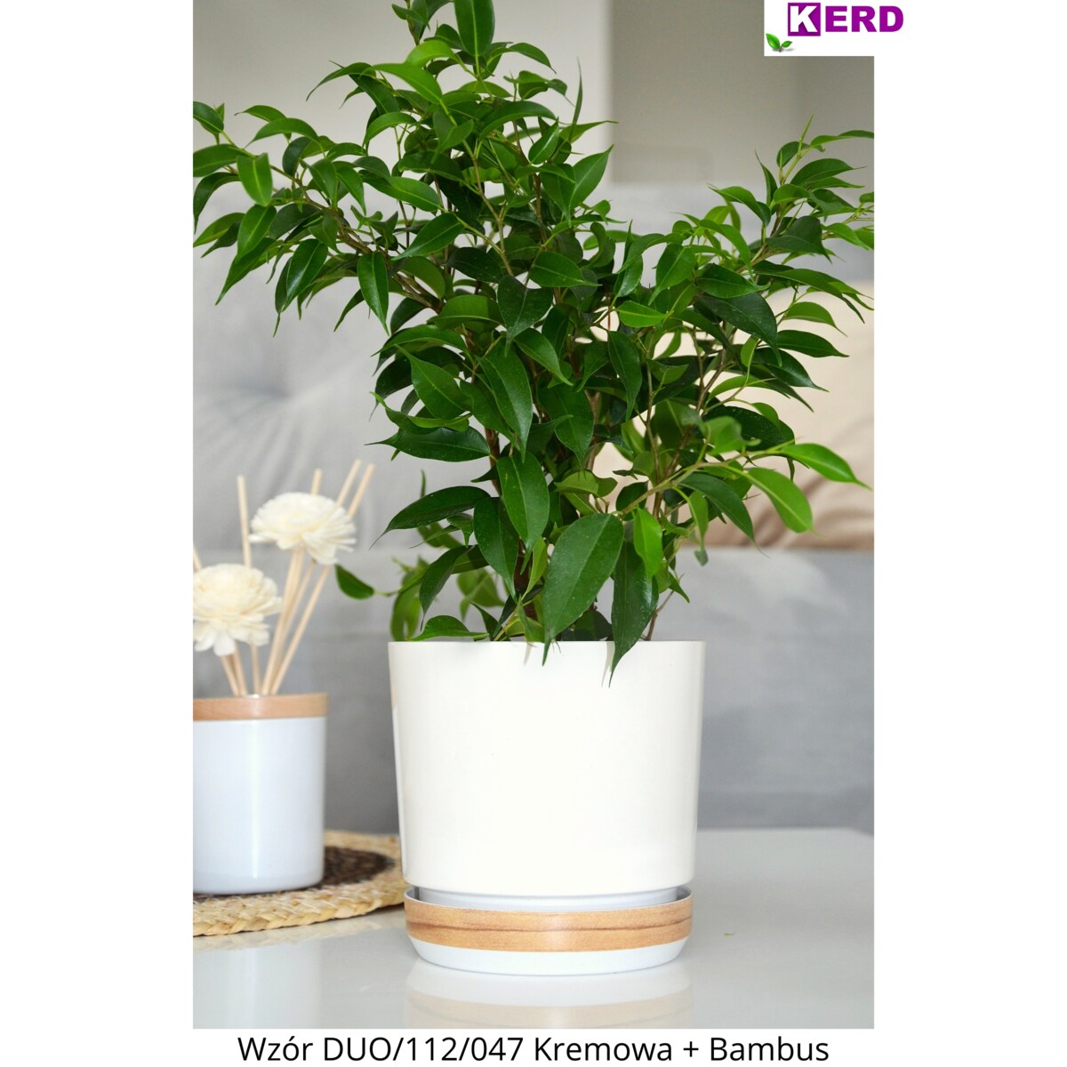 26 Doniczka DUO KREMOWA z podstawką BAMBUS dwukolorowa nowoczesna imitacja deski panelu drewniany deseń naturalny drewnopodobna skandynawski ecru