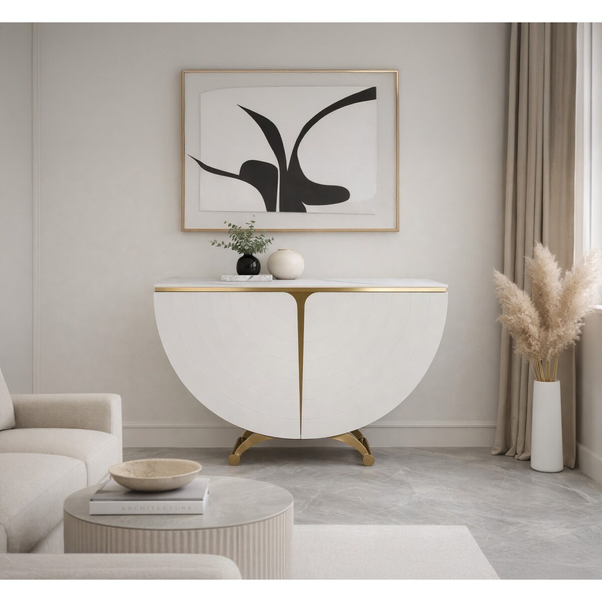 Biała konsola glamour półokrągła Vellora 140x35x86