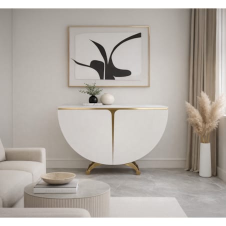 Biała konsola glamour półokrągła Vellora 140x35x86