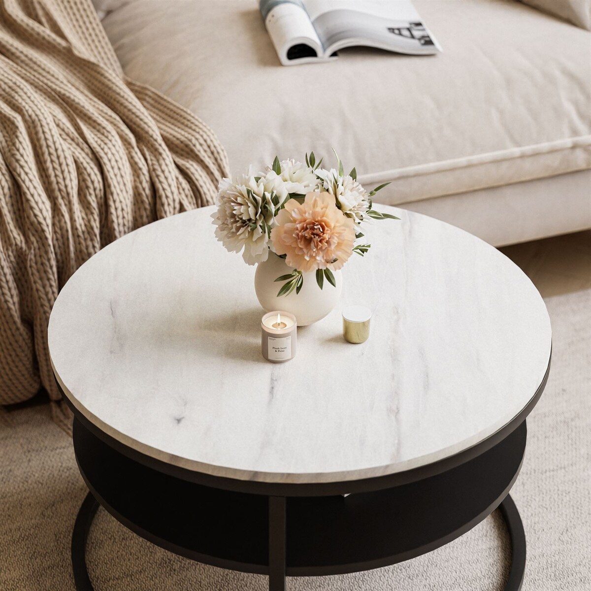 Okrągły stolik kawowy CIRI SLIM z półką czarmy marmur levanto