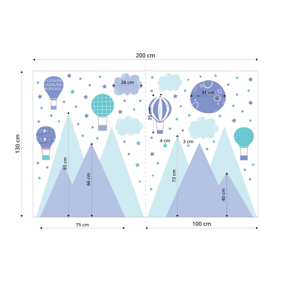 NAKLEJKI NA ŚCIANĘ DLA DZIECI KOLOROWE GÓRY BALONY CHMURKI GWIAZDY ZESTAW