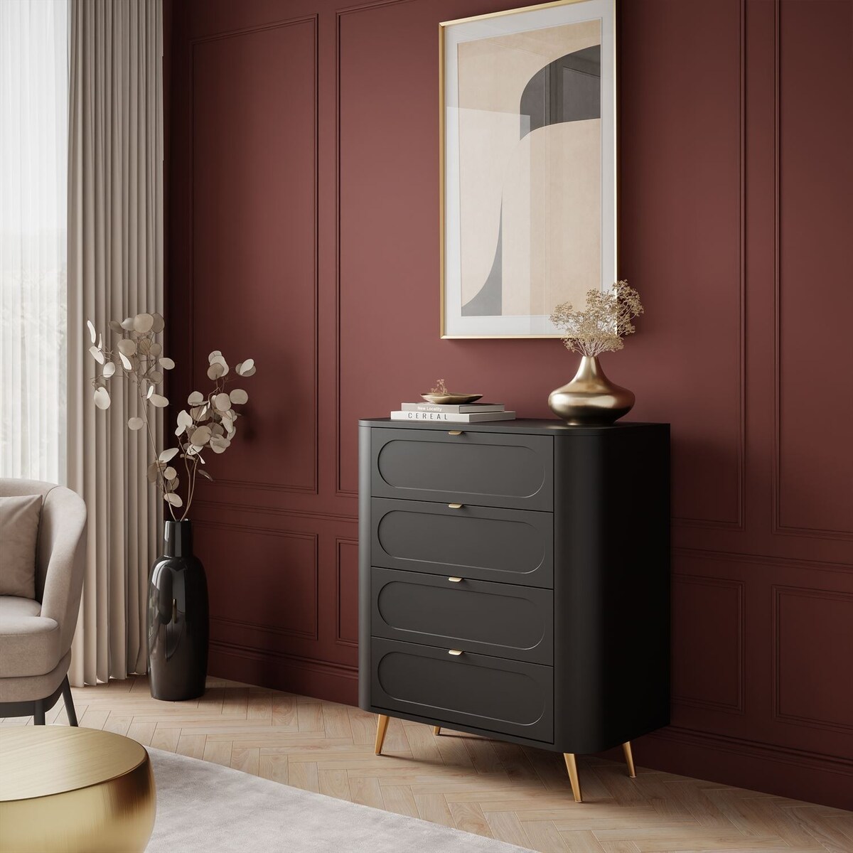 Komoda SHADOW II 4S z szufladami, nóżki skośne złote