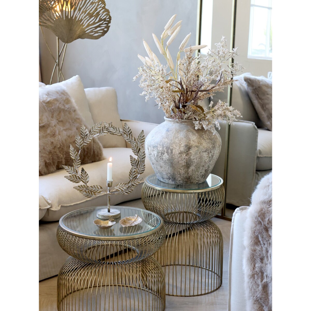 Stolik metalowy antyczny mosiądz ze szklanym blatem