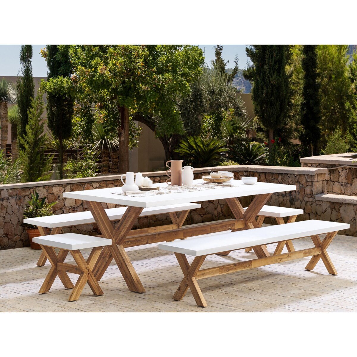 Zestaw ogrodowy z ławkami i stołkami dla 8 osób OLBIA Beton Biały