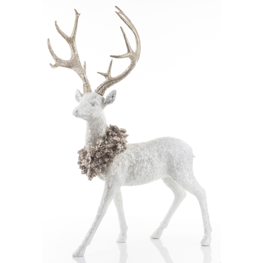 Figurka - biały jeleń 71x44x27 cm z wieńcem na szyi
