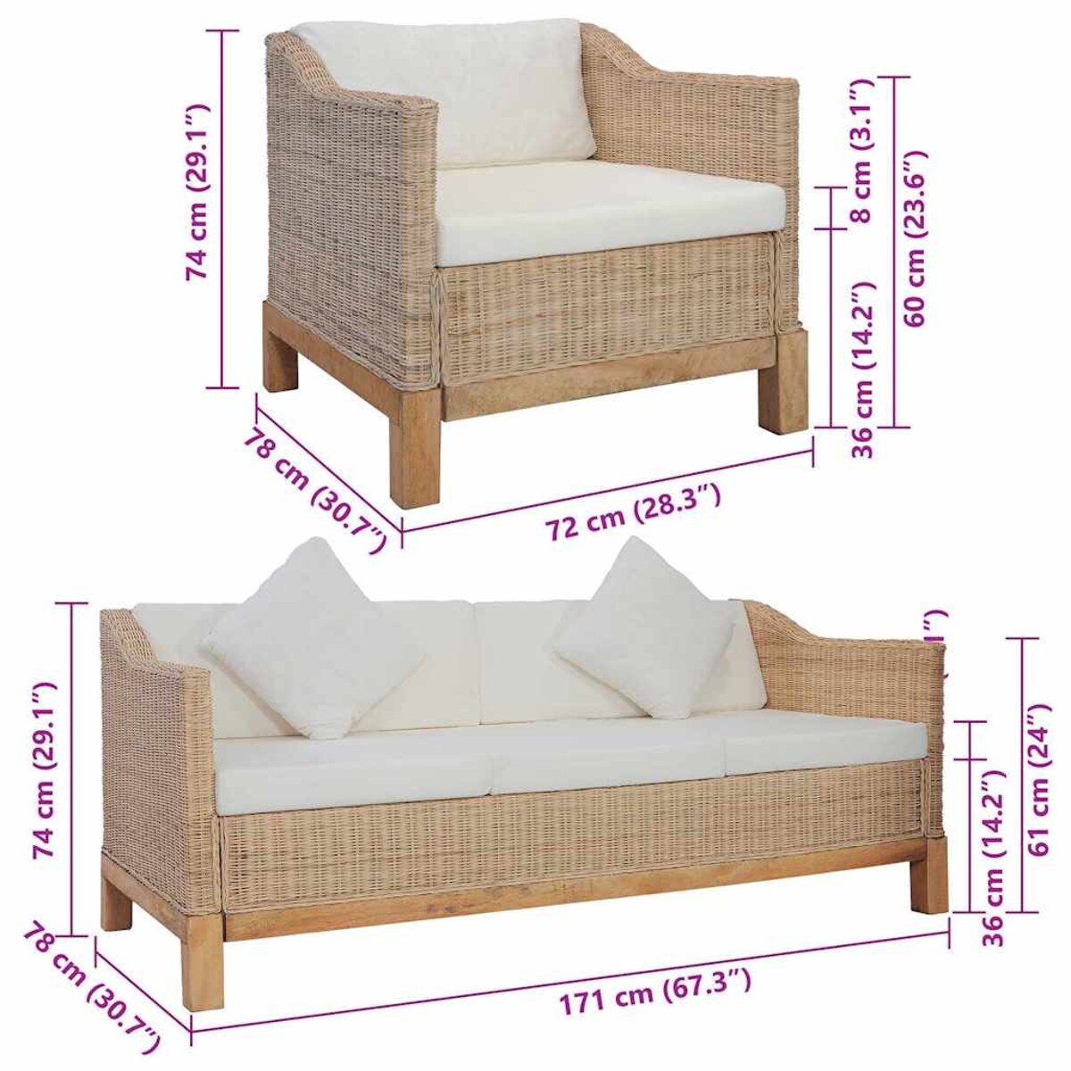 vidaXL 2-częściowy zestaw wypoczynkowy z poduszkami, naturalny rattan