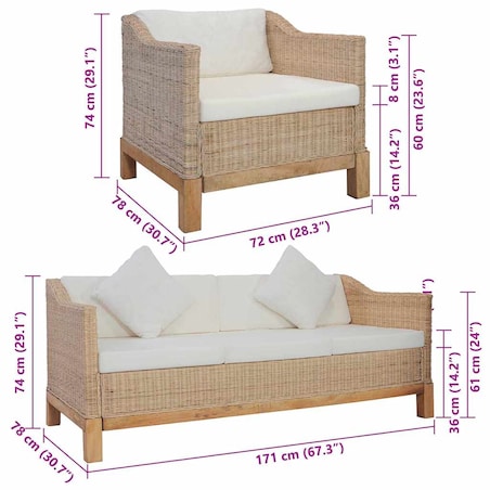 vidaXL 2-częściowy zestaw wypoczynkowy z poduszkami, naturalny rattan