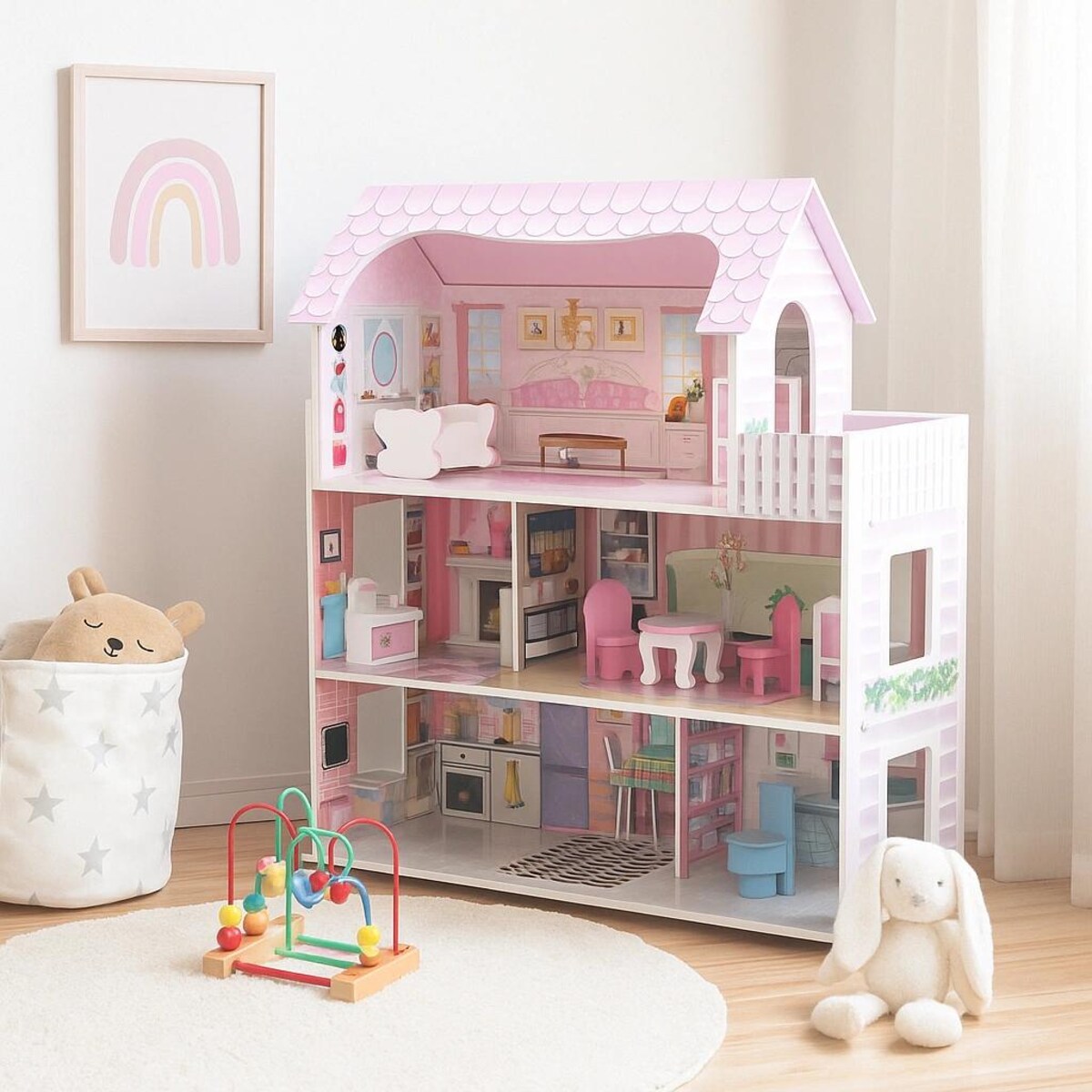 Domek dla lalek HOMEE drewniany XL – 3-poziomowy domek z 8 mebelkami i balkonem