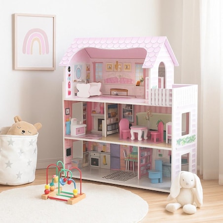 Domek dla lalek HOMEE drewniany XL – 3-poziomowy domek z 8 mebelkami i balkonem