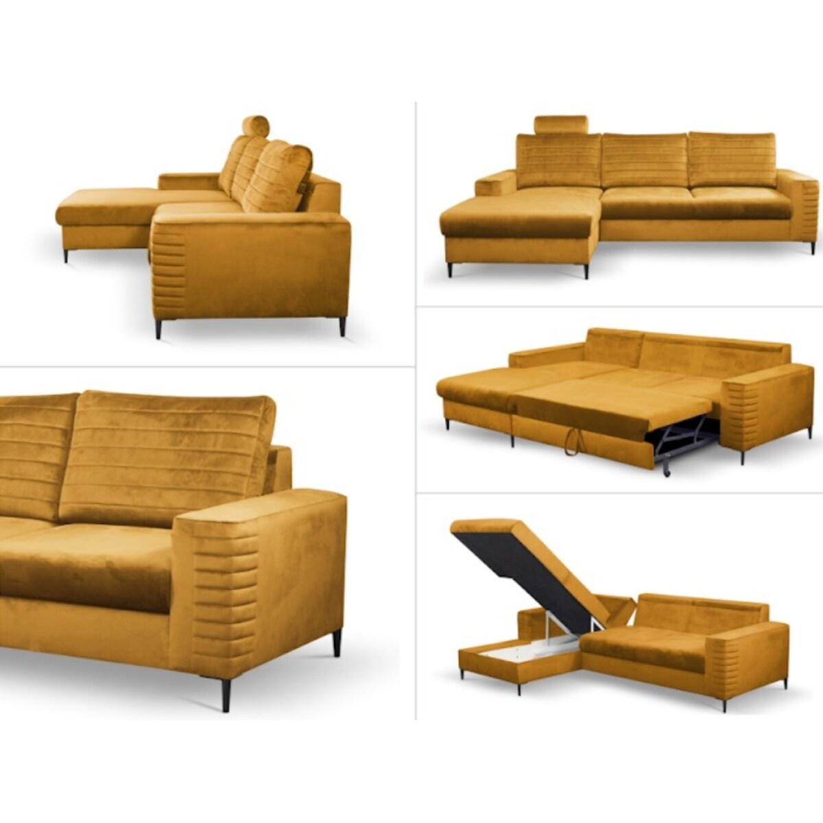 Narożnik rozkładany z zagłówkiem i pojemnikiem OLI lewostronny musztardowy