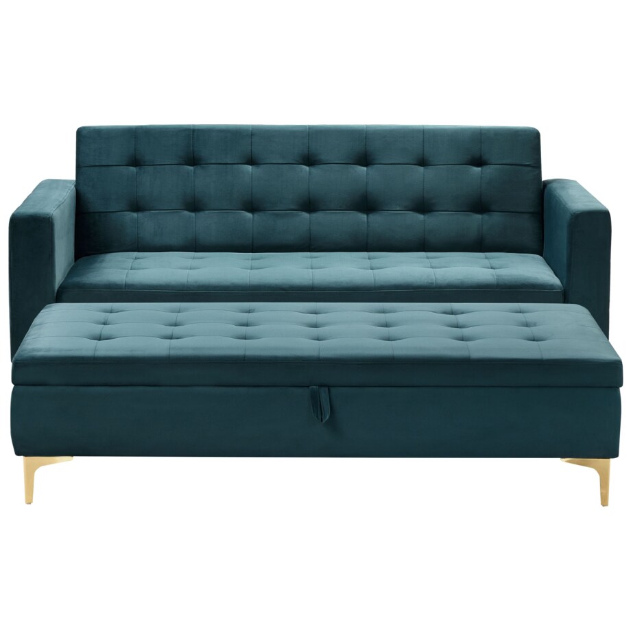 Sofa rozkładana welurowa z otomaną ze schowkiem zielona ABERDEEN
