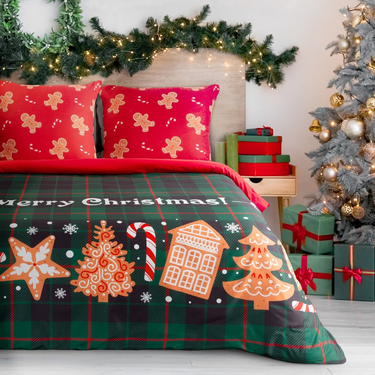 Komplet pościeli z mikrowłókna, motyw świąteczny, 220x200 cm, zielony
