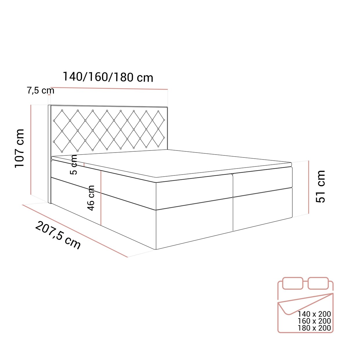 Łóżko kontynentalne INEZ, pojemnik na pościel, 160x200, Royal Velvet 250, topper