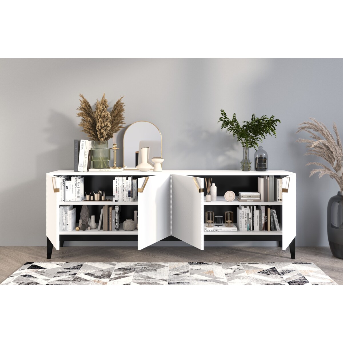 Drewniana komoda Visby DEMI LONG / kolor biały + czarne nogi