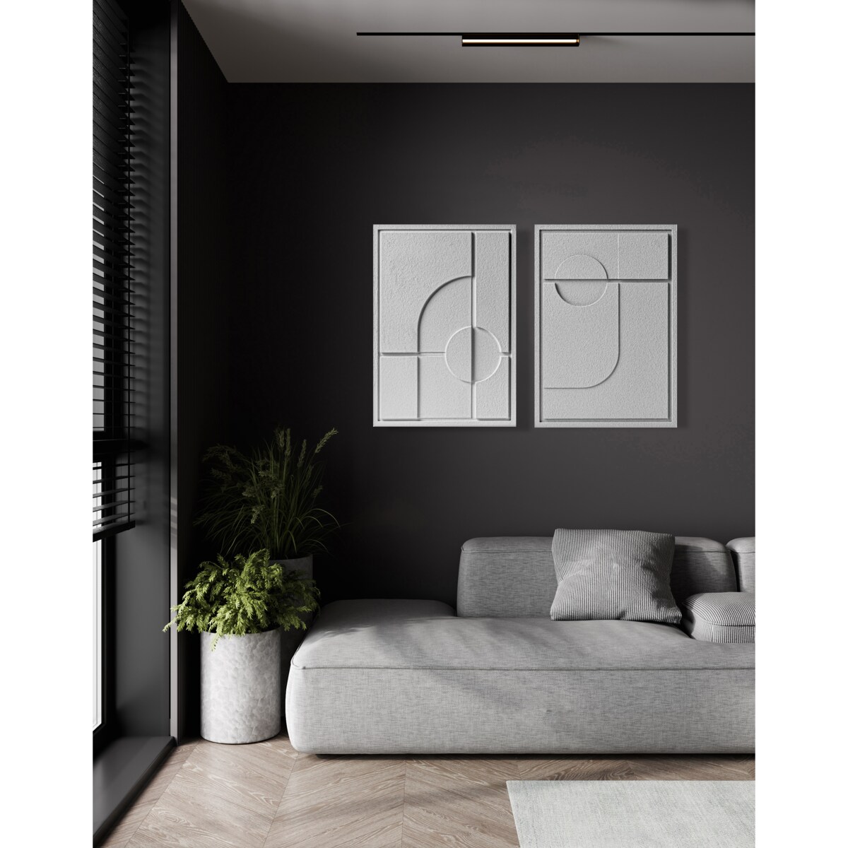 Zestaw 2 Obrazy 3D 50x70cm Geometric – Dekoracje ścienne z Tynku Naturalnego, Milky Grey, Minimalistyczne Reliefy