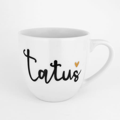 Biały Kubek Porcelanowy 300 ml - Napis Tatuś z Motywem Złotego Serca na Dzień Ojca dla Taty