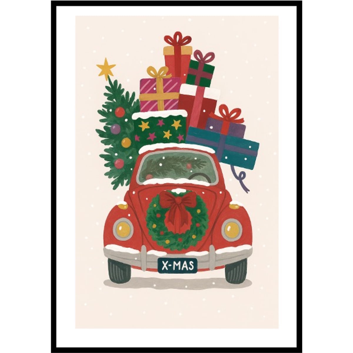 Poster Story, Plakat, Obraz - Czerowny Samochód z Kolorowymi Prezentami i Choinką, wymiary 21 x 30 cm