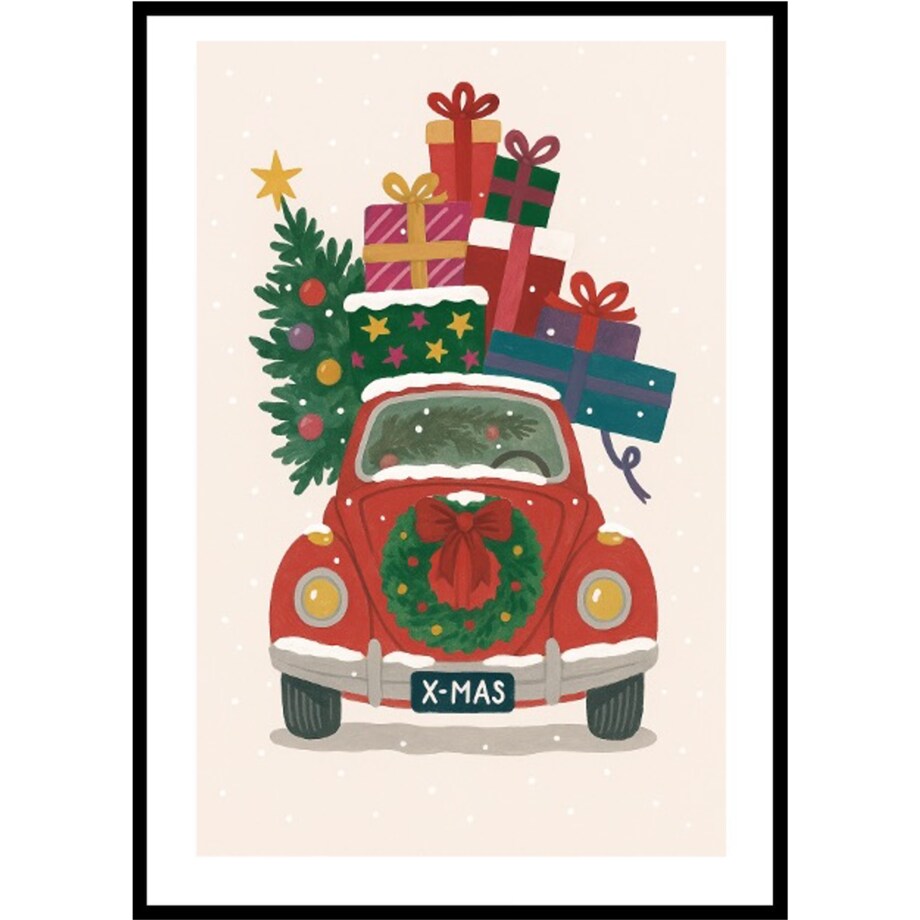 Poster Story, Plakat, Obraz - Czerowny Samochód z Kolorowymi Prezentami i Choinką, wymiary 21 x 30 cm