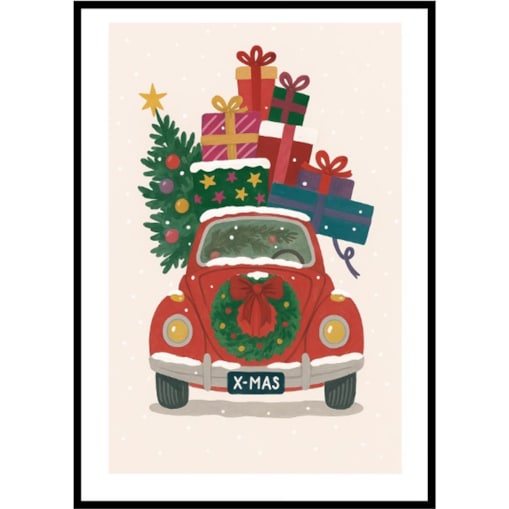 Poster Story, Plakat, Obraz - Czerowny Samochód z Kolorowymi Prezentami i Choinką, wymiary 21 x 30 cm