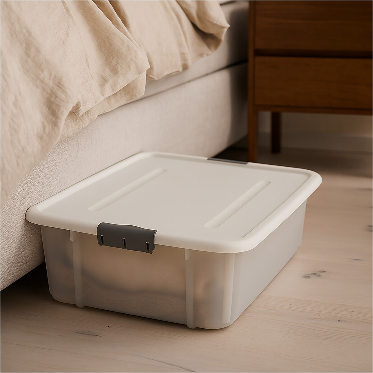 Pojemnik Plastikowy Pudełko 29 L Plastikowe Zamykany Z Pokrywką Pudło Box Do Przechowywania Na Zabawki Dokumenty Ubrania Mleczny