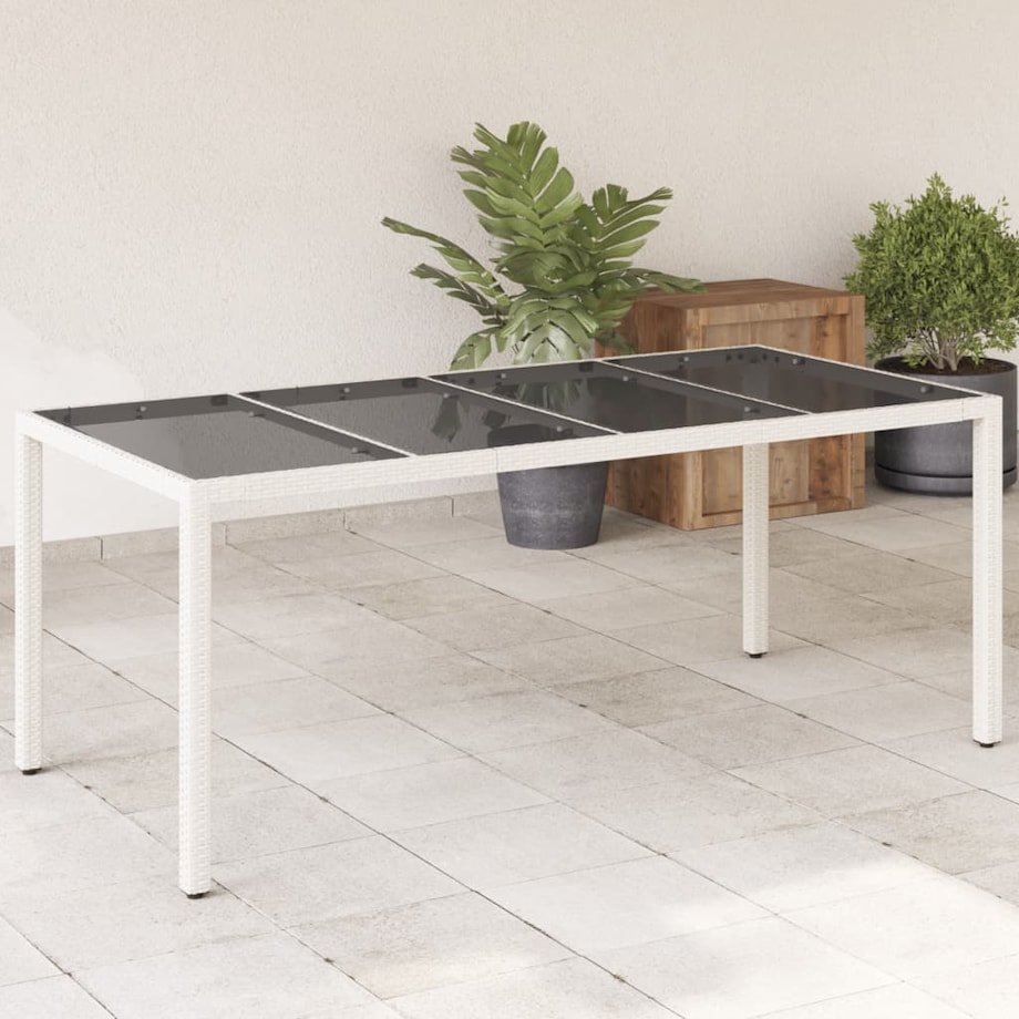 vidaXL Stół ogrodowy ze szklanym blatem, biały 190x90x75 cm, rattan PE